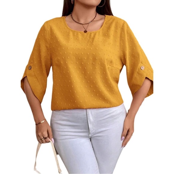 Women’s Plus Size Mustard Yellow Swiss Dot Flare Short Sleeve Blouse Top - Picture 14 of 14